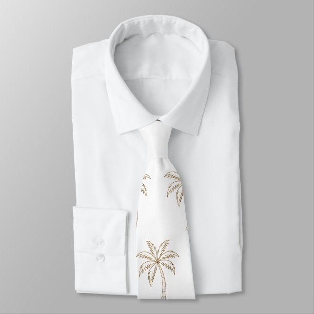 Cravate Mariage Fond Blanc Palmier Tropical Or (Attaché)