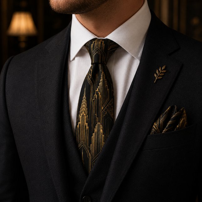 Cravate Mariage Gatsby Skyline Art Déco Luxe Noir Or (Créateur téléchargé)