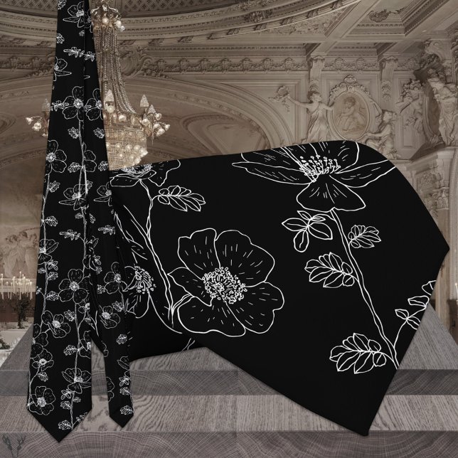 Cravate Mariage Moderne à Fleur de Vigne Noir et Blanc (Créateur téléchargé)