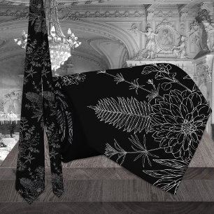 Cravate Mariage moderne Fleurs de Jardin Noir & Blanc