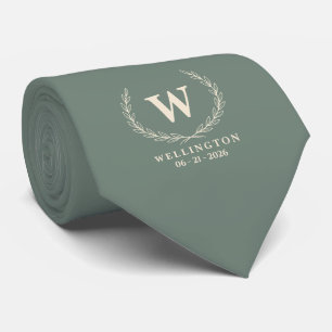 Cravate Mariage Monogramme Laurier Ivoire Vert Eucalyptus