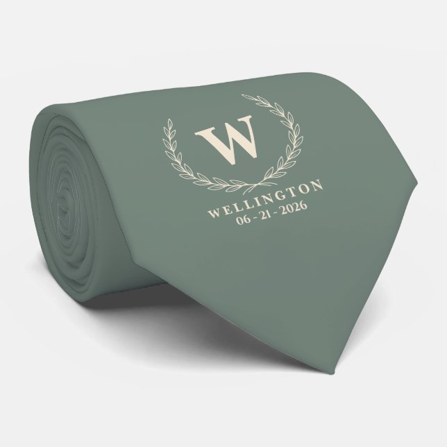 Cravate Mariage Monogramme Laurier Ivoire Vert Eucalyptus (Roulé)