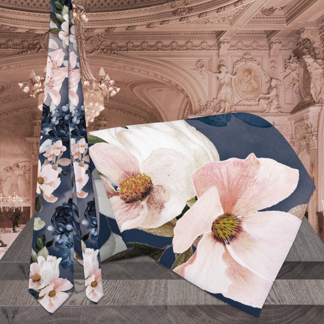 Cravate Mariage Navy Blue & Blush Peonies & Lilies (Créateur téléchargé)
