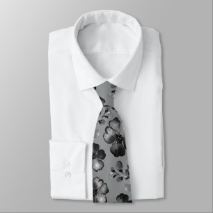 Cravate Mariage noir et blanc aux feuillages de pavot gris
