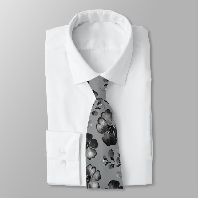 Cravate Mariage noir et blanc aux feuillages de pavot gris (Attaché)
