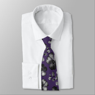 Cravate Mariage noir et blanc aux fleurs de pavot sur fond