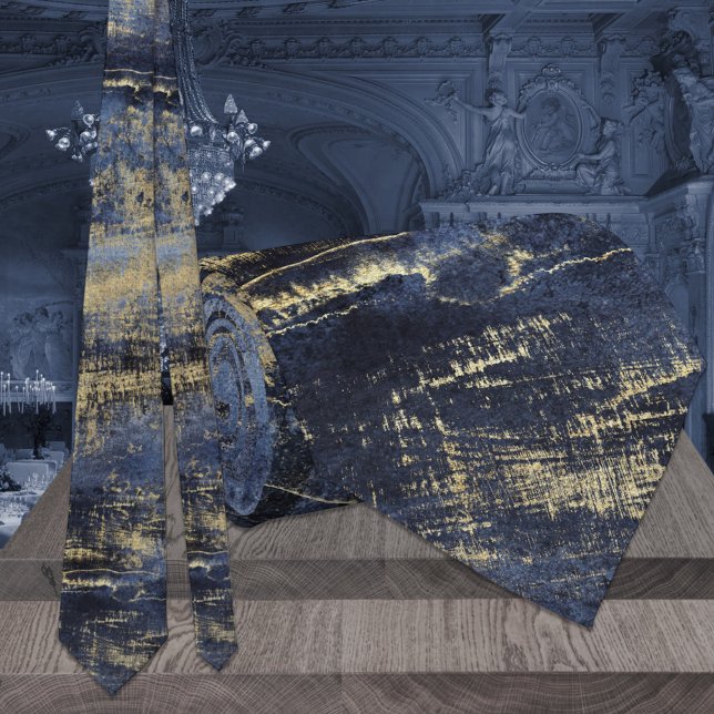 Cravate Mariage Peinture d'Art Moderne Bleu Nuit & Or (Créateur téléchargé)