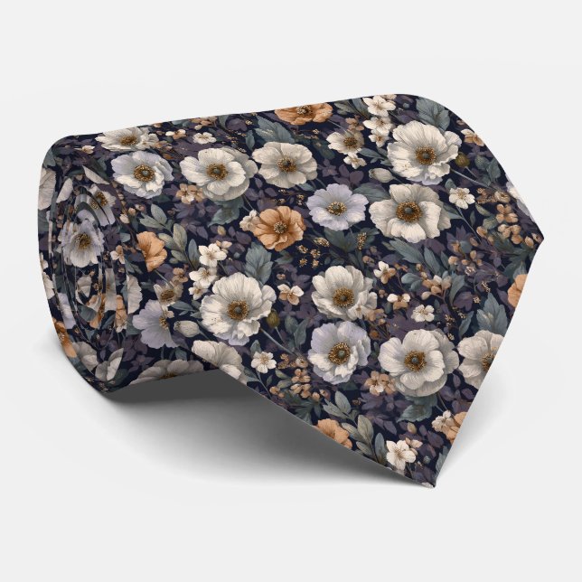 Cravate Mariage personnalisé avec fleurs d'anémone Navy et (Roulé)