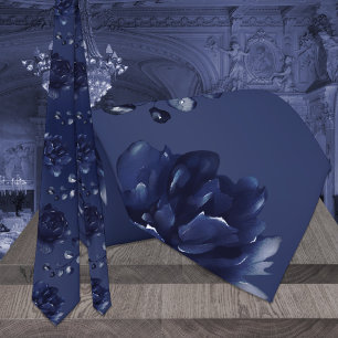 Cravate Mariage Pivoine Eucalyptus Bleu Marine Chaud