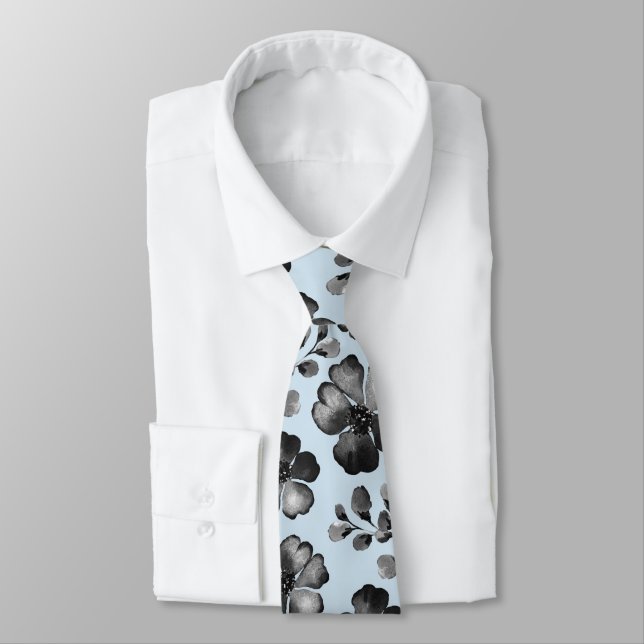 Cravate Mariage Poppy Végétal Noir Et Blanc Bleu Clair (Attaché)