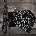 Cravate Mariage Rose de Jardin noir et blanc moderne<br><div class="desc">Un cravate mariage moderne blanc et noir avec un arrière - plan noir solide avec un contour blanc d'un rose de jardin sur branche avec feuilles.</div>