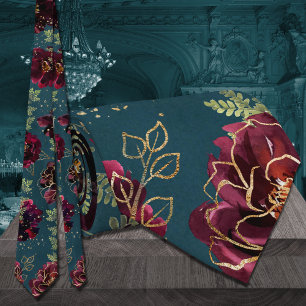 Cravate Mariage Teal Bordeaux Ton Jonc Or
