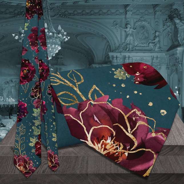 Cravate Mariage Teal Bordeaux Tons de Joaillerie Or (Teal Bordeaux Jewel Tones Gold Wedding Tie )