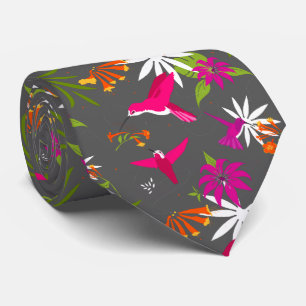 Cravate Mariage Tropical de Plage Colibri Rose Gris
