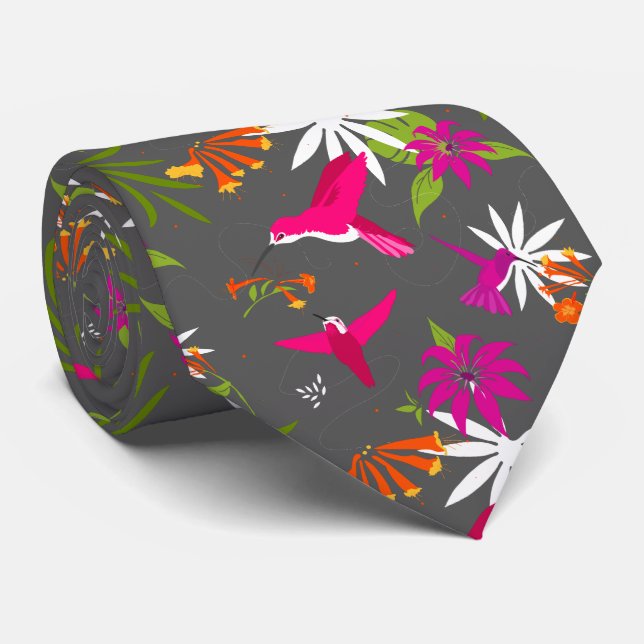 Cravate Mariage Tropical de Plage Colibri Rose Gris (Roulé)