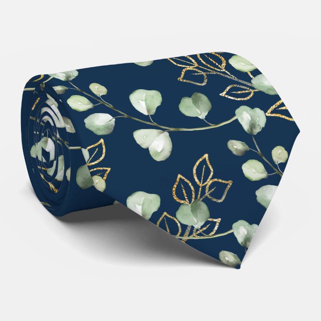 Cravate Mariage Vert Sauge & Or Eucalyptus Bleu Marine (Roulé)