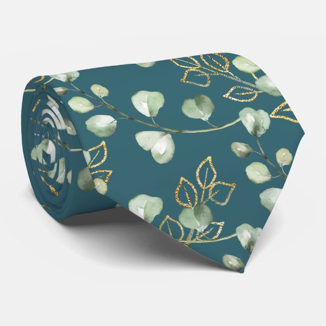Cravate Mariage Vert Sauge & Or Eucalyptus Vert Turquoise (Roulé)