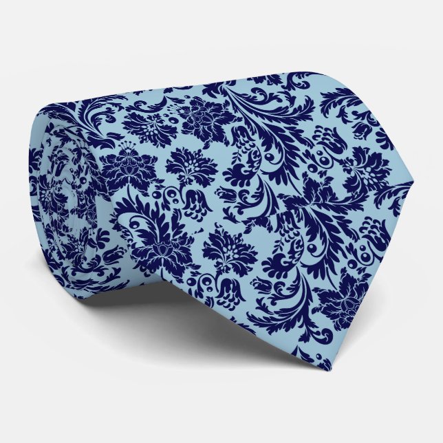 Cravate Marine bleu et bébé bleu Floral Motif Paisley (Roulé)