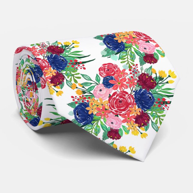 Cravate Marine bleu et rouge aquarelle boho chic Fleurs (Roulé)