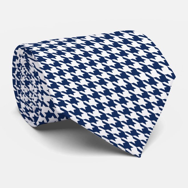 Cravate Marine Bleu Petit Motif Houndstooth Blanc (Roulé)