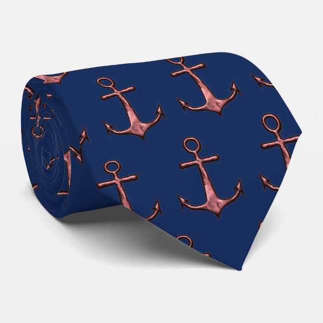 Cravate Marine Blue et Rose Gold Ancre nautique (Roulé)