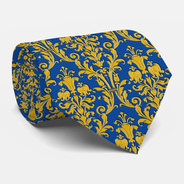 Cravate Marine Blue Gold Floral Damask (Roulé)
