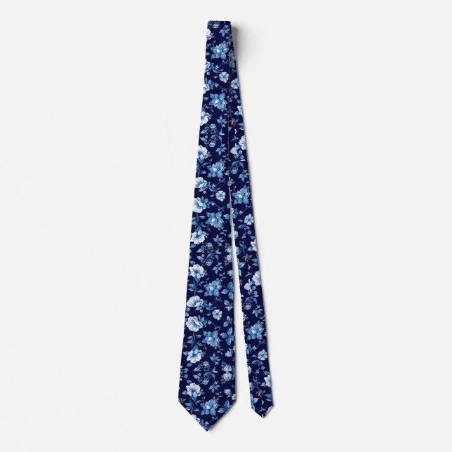Cravate Marine Blue Porcelain Floral Mariage Groomsmen Cad (Devant)