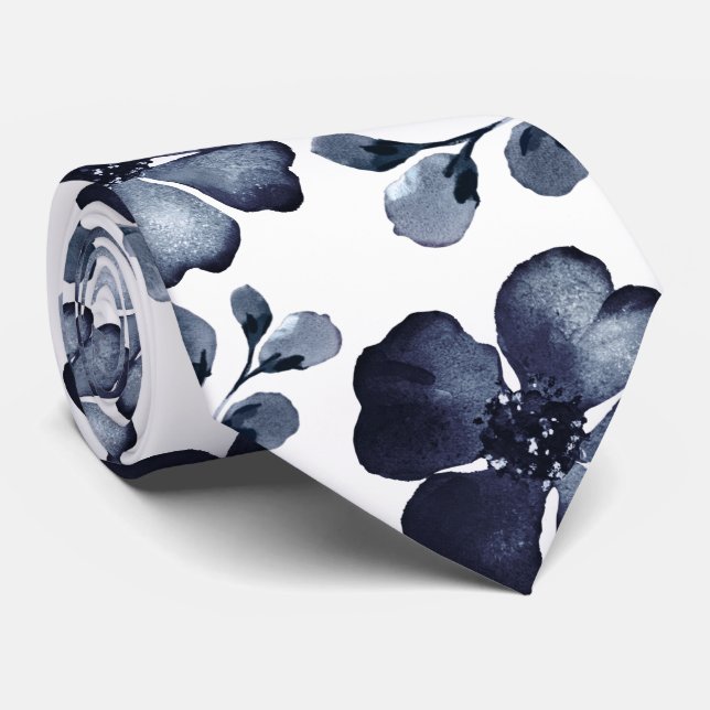 Cravate Marine Poppy Dusty Blue Greenery Mariage d'aquarel (Roulé)