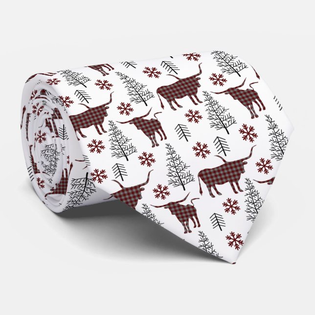 Cravate Maroon Buffalo Plaid Longhorn Motif (Roulé)
