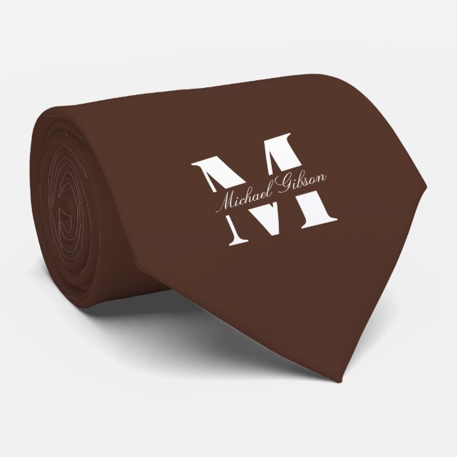 Cravate Marron Chocolat Monogramme Personnalisé Mariage Ga (Roulé)