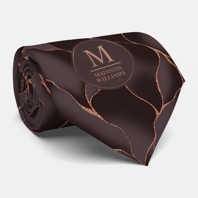Cravate Marron Chocolat & Or Rose Motif Vague Abstrait (Roulé)