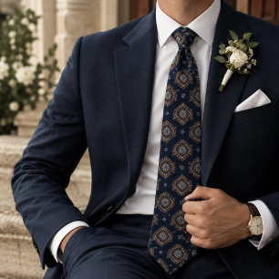 Cravate Marron Navy Héritage Floral Médaillon