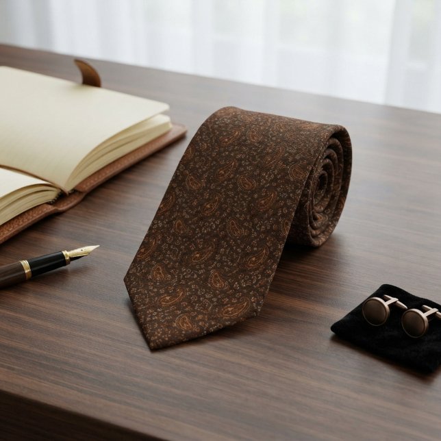 Cravate Marron Tabac Cuivre Brûlé Micro Paisley Patrimoine (Créateur téléchargé)