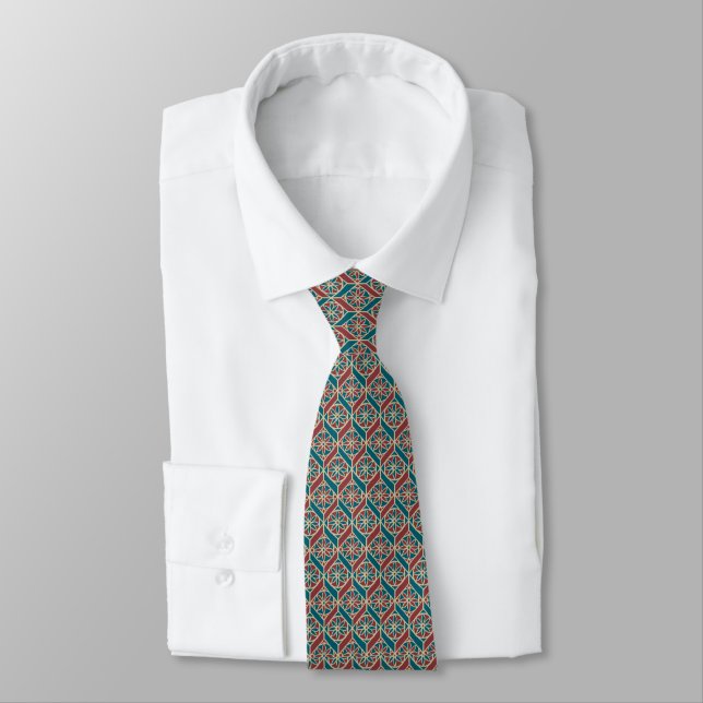 Cravate Marron, turquoise motif ethnique, fleurs, chevrons (Attaché)