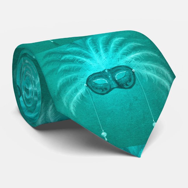 Cravate Masque Visage Mardi Gras Turquoise CouTie (Roulé)