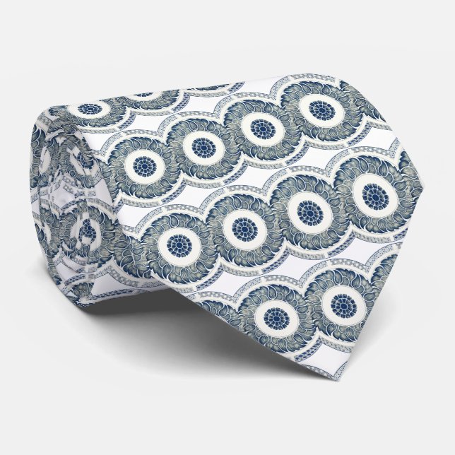 Cravate Médaillon Chinois : Chinoiserie Bleu Indigo (Roulé)