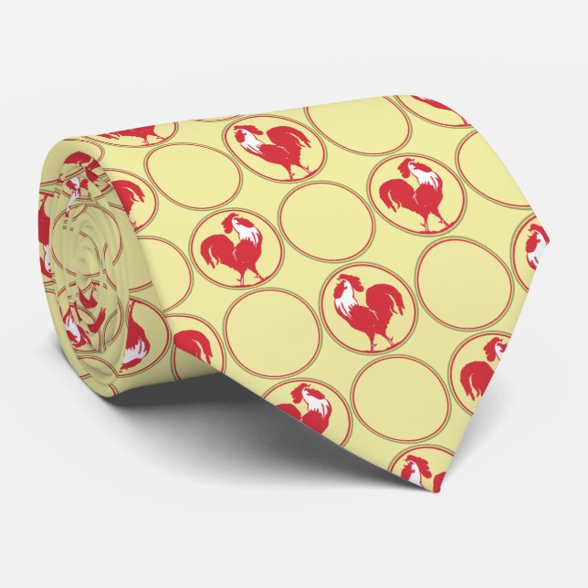 Cravate Médaillon Coq Rouge sur Fond Jaune (Roulé)