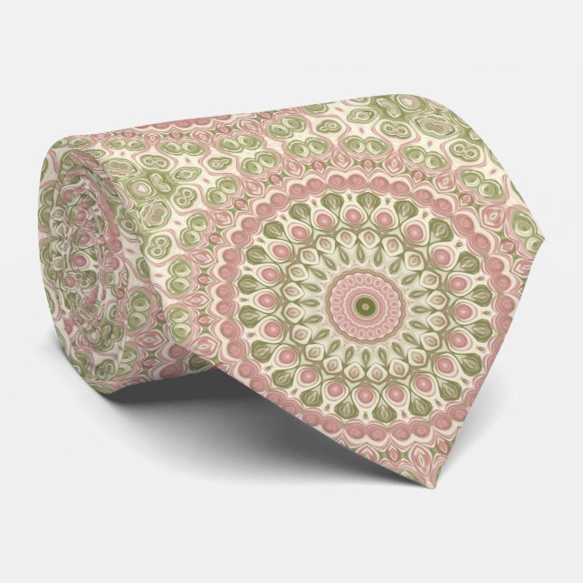 Cravate Médaillon Mandala en rose Rose et vert olive (Roulé)