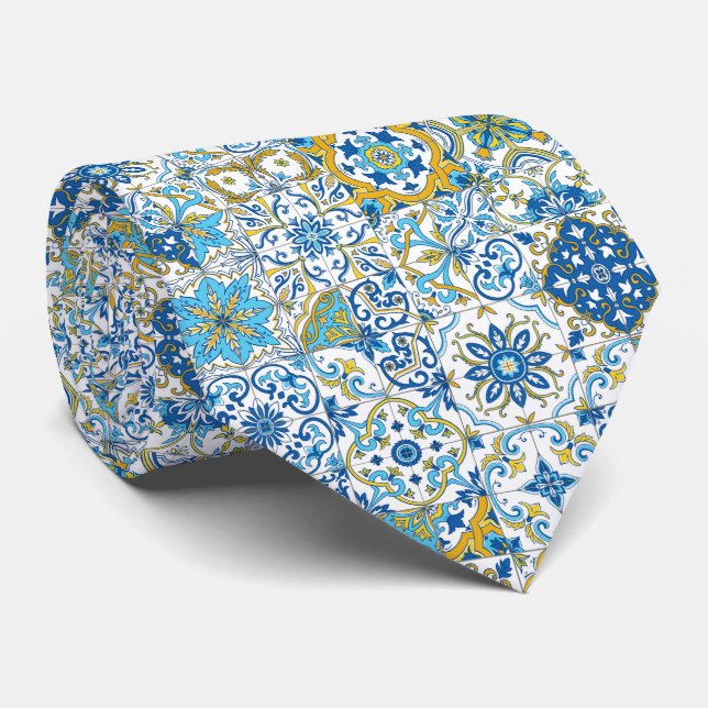 Cravate Mediterranean hues/ Azulejo tiles (Roulé)