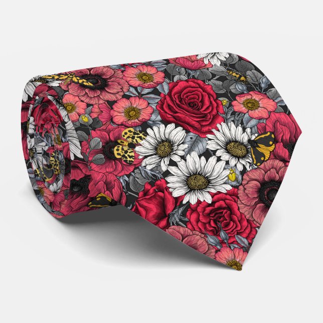 Cravate Mélange de fleurs en rouge et gris (Roulé)