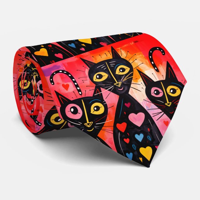 Cravate Men Designer Ties Cat Red Hearts (Roulé)