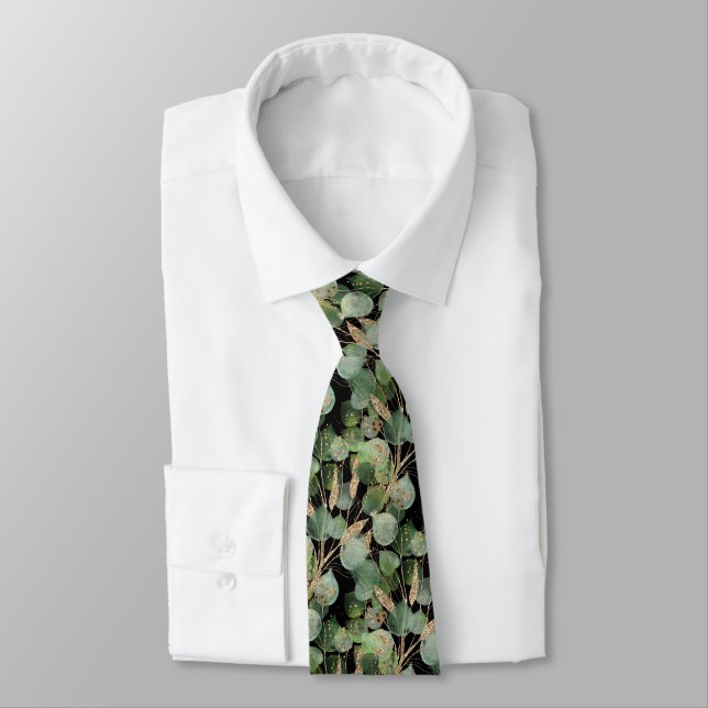 CRAVATE MENS BOTANIQUES NOIR VERT SAGE (Attaché)