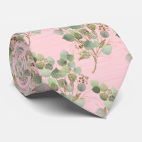 CRAVATE MENUS BOTANIQUES ROSE PASTEL VERT SAGE