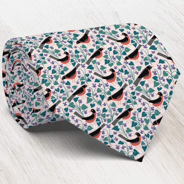 Cravate Merle américain Anémone Violette Oiseau Fleur (American robin redbreast wild wood violet Wisconsin state bird flower heritage inspired neck tie)