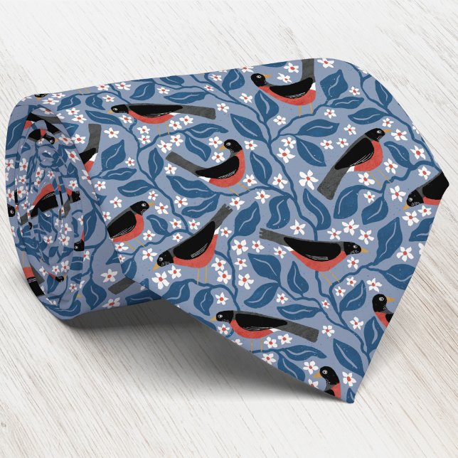 Cravate Merle américain Fleur de pommier Oiseau Fleur (American Robin Redbreast Apple Blossom Michigan state bird flower pattern blue neck tie)