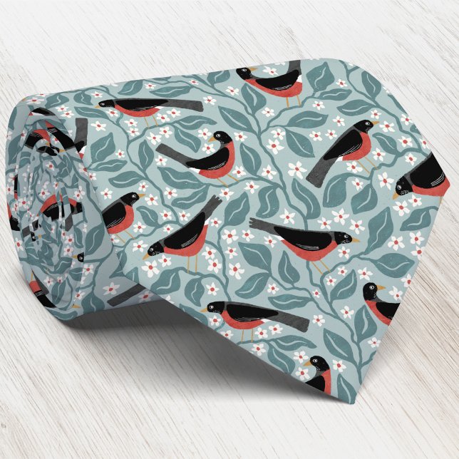 Cravate Merle américain Fleur de pommier Oiseau Fleur (American Robin redbreast Apple Blossom branches Michigan state bird flower pattern heritage neck tie)