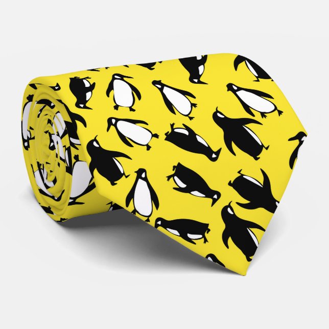 Cravate Mignon motif pingouin noir blanc sur fond jaune (Roulé)