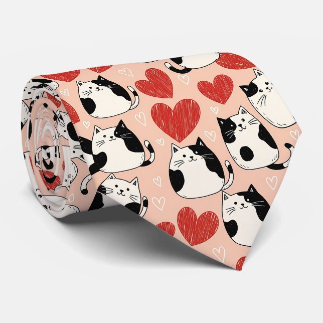 Cravate Mignons chats kawaii roses et motif de cœurs (6) (Roulé)