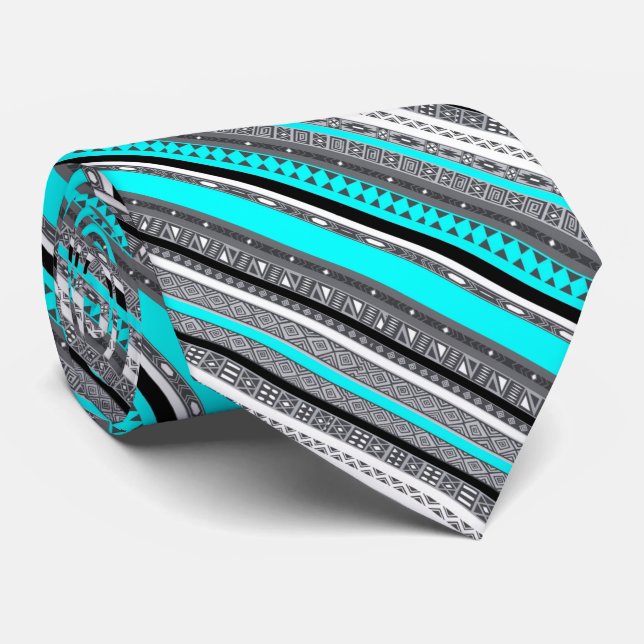Cravate Mignons motifs aztèques gris aqua (Roulé)