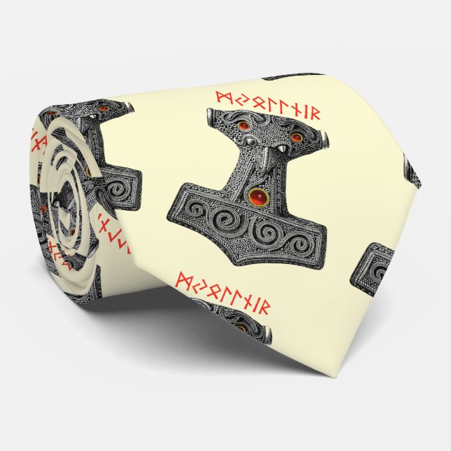 Cravate MJOLNIR Marteau de Thor Viking Mythologie ivoire (Roulé)